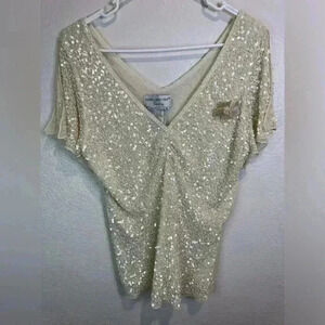 Vintage Papell‎ Boutique Women’s Sequin Beaded Split Flutter Sleeve Silk Blouse
